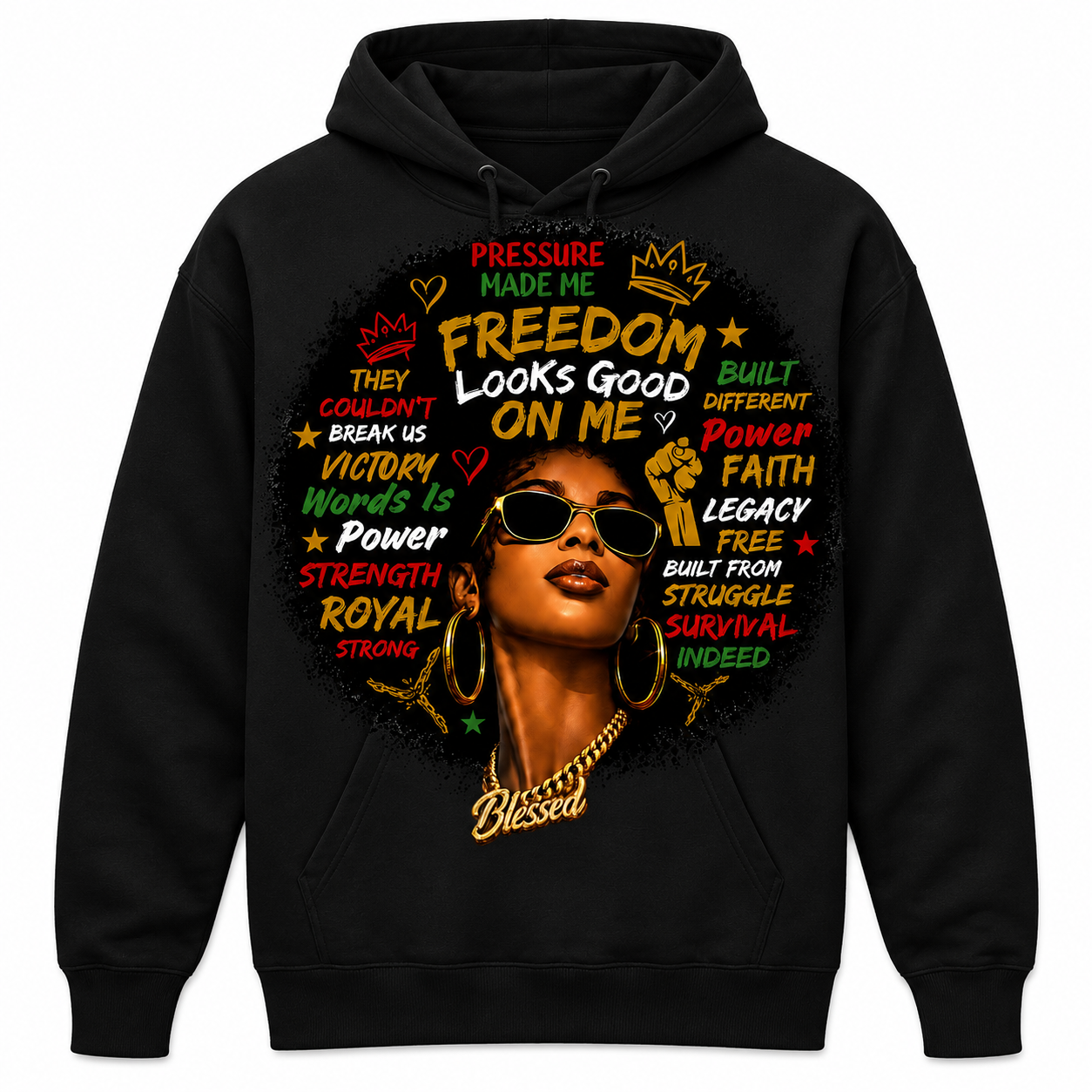 Freedom Looks Good On Me™ Women’s Black Hoodie | Juneteenth Streetwear Graphic Hoodie