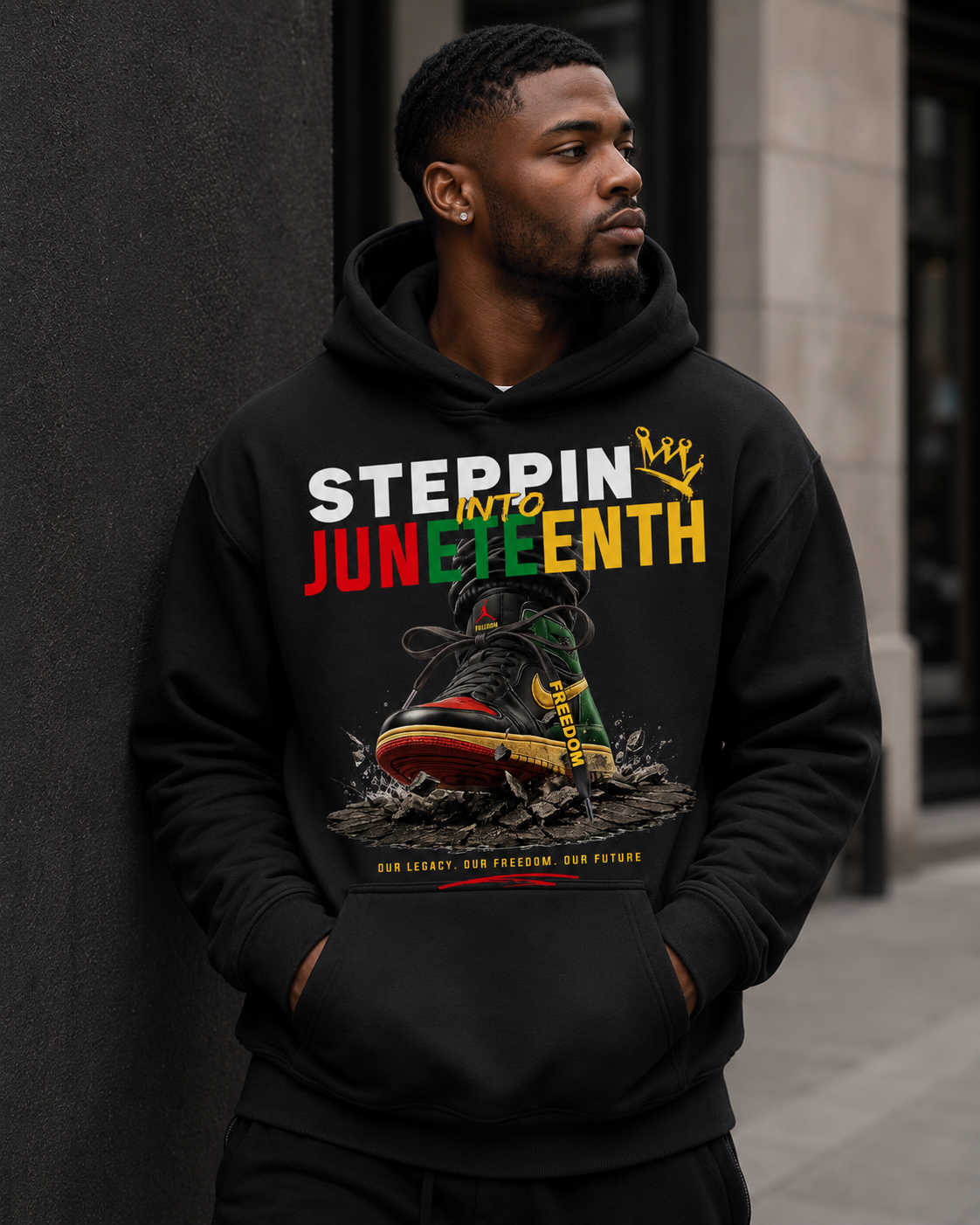 Steppin Into Juneteenth™ Black Hoodie | Juneteenth Streetwear Graphic Hoodie