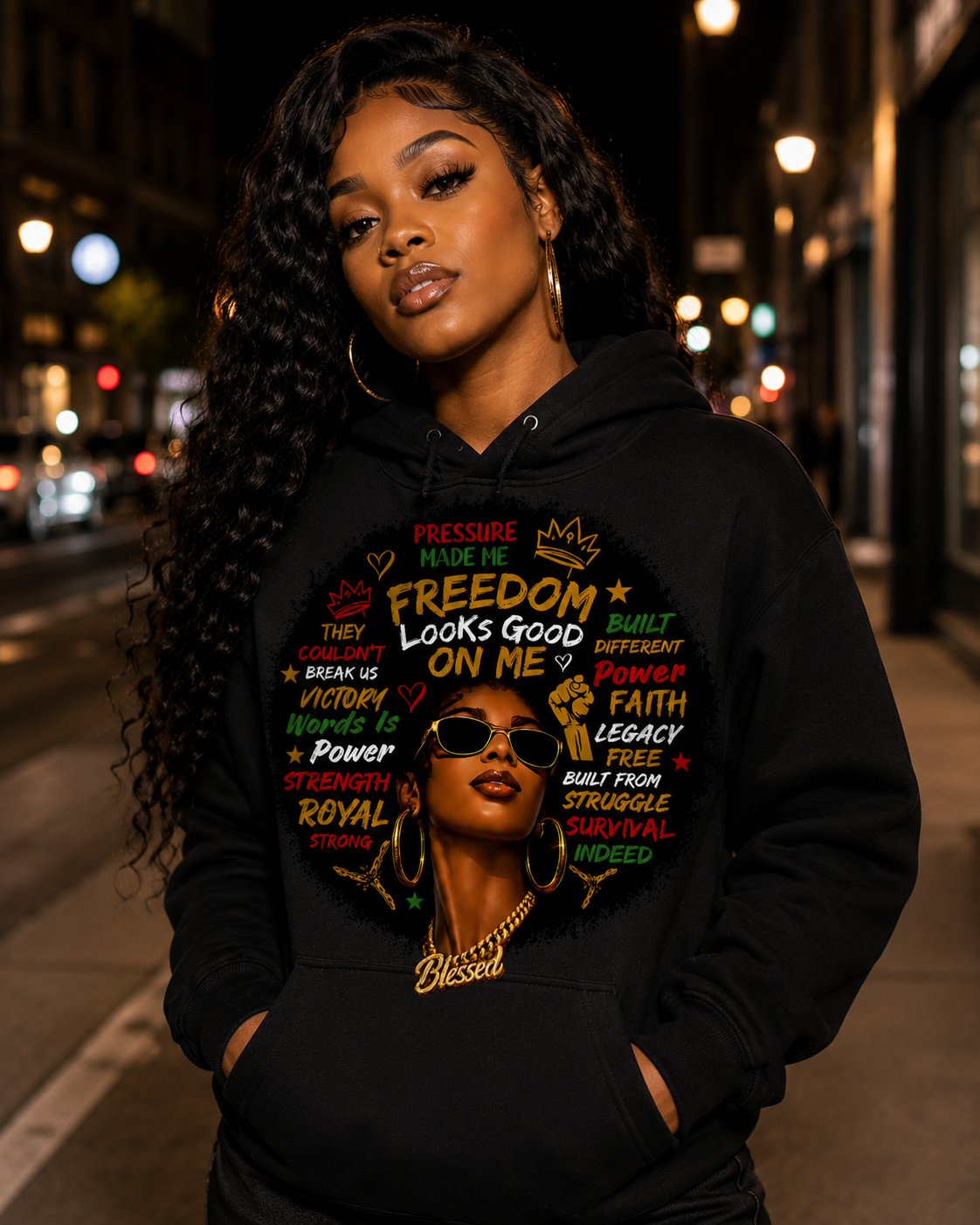 Freedom Looks Good On Me™ Women’s Black Hoodie | Juneteenth Streetwear Graphic Hoodie