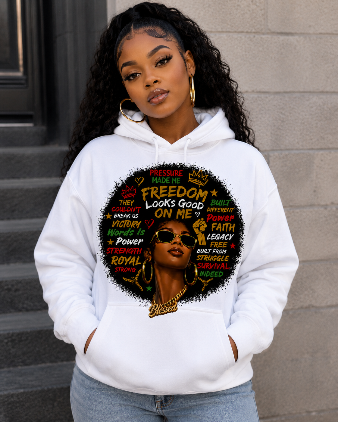Freedom Looks Good On Me™ Women’s Black Hoodie | Juneteenth Streetwear Graphic Hoodie