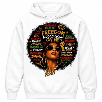 Freedom Looks Good On Me™ Women’s Black Hoodie | Juneteenth Streetwear Graphic Hoodie