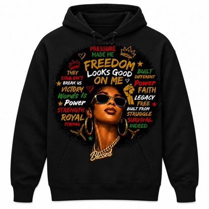 Freedom Looks Good On Me™ Women’s Black Hoodie | Juneteenth Streetwear Graphic Hoodie